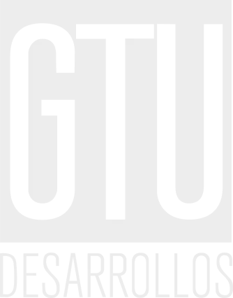 Close-up of the word 'GTU' in large black and white text with 'Desarrollos' written below.