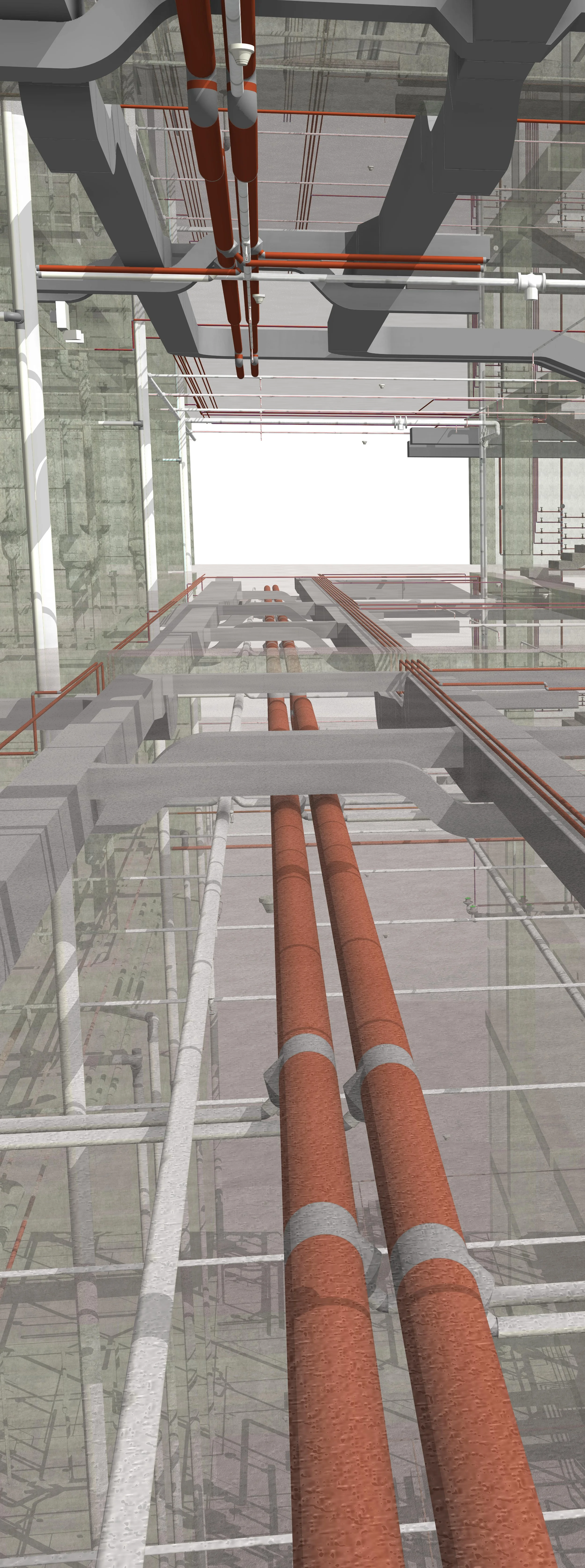 BIM MEP coordination by Blue AEC Studio — upward view of industrial building interior showing mechanical piping systems, scaffolding, and exposed structural elements for Scan to BIM documentation.