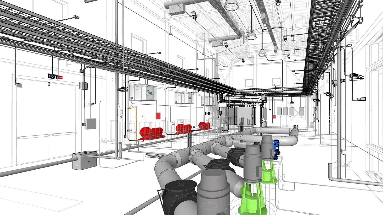BIM MEP modeling by Blue AEC Studio — detailed 3D model of mechanical room with pipes, valves, tanks, and electrical systems used for MEP coordination and clash detection.
