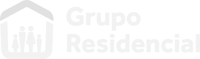 Logo of a residential group featuring a house outline with a family silhouette inside and the text 'Grupo Residencial' to the right.