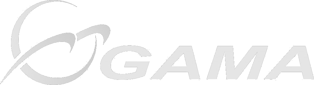 GAMA logo with stylized design in black and white.