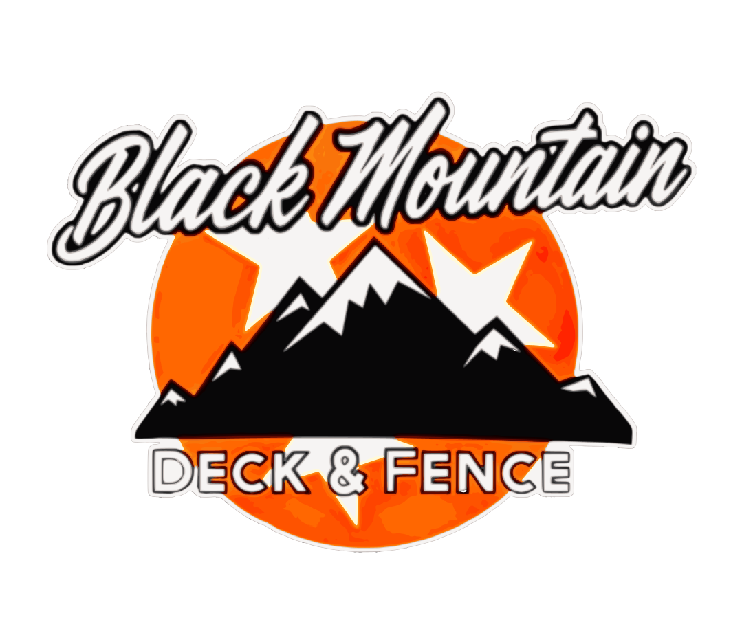 Logo for Black Mountain Deck & Fence featuring a mountain silhouette with a sunset or sunrise background.