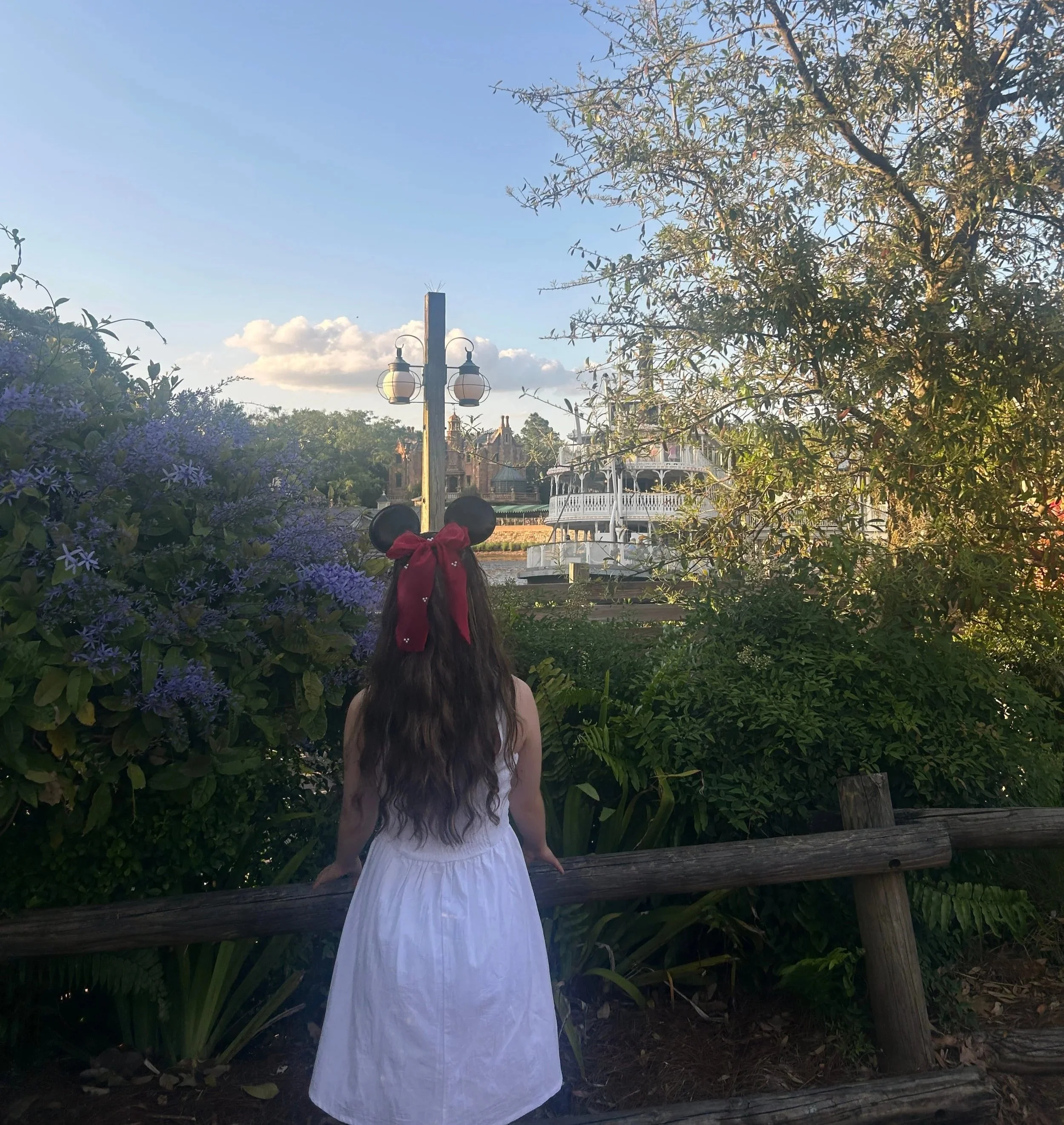 Chelsea looks out over the Haunted Mansion and Liberty Square Riverboat. 