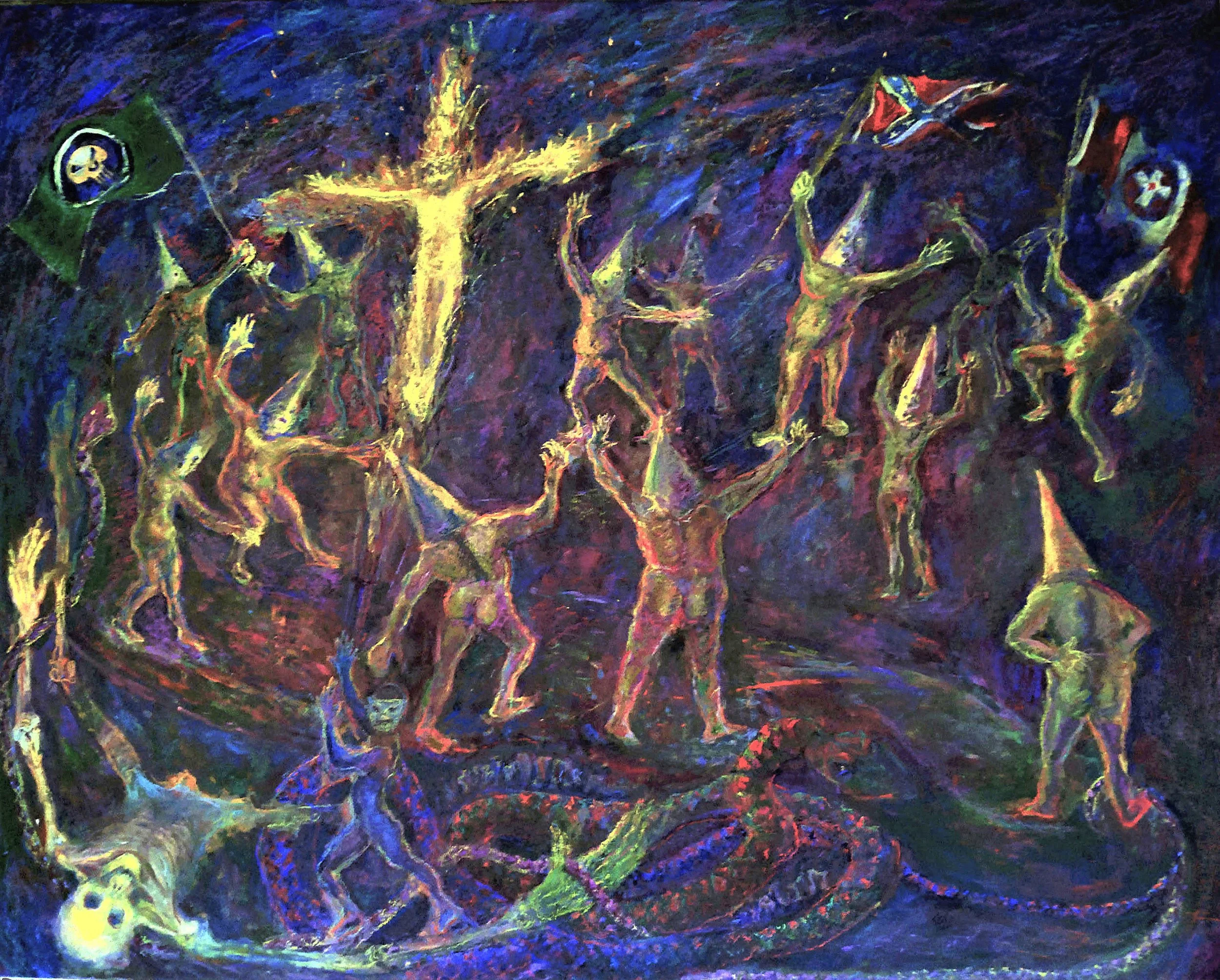 FOOLS AND COWARDS
 Acrylic on Board · 32" × 44" · 2023 
 
My Dad told me not to worry too much about the KKK because they are nothing but fools and cowards.
