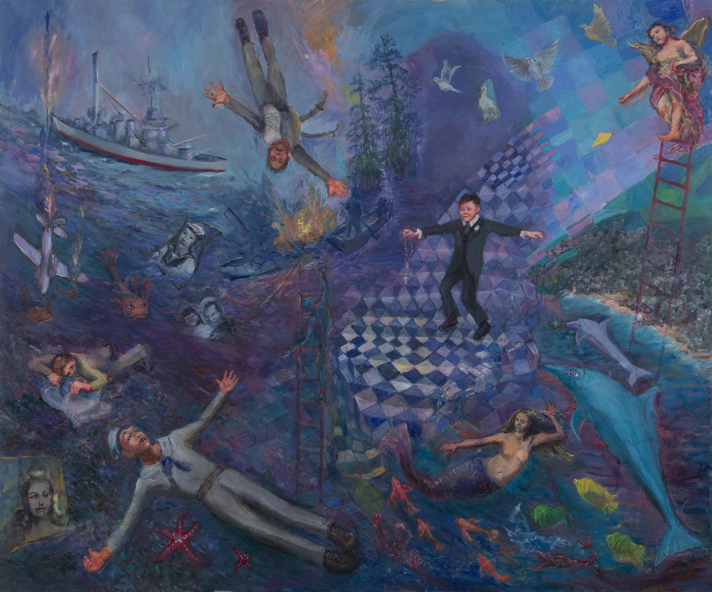 L'ODYSSÉE DE MON PÈRE Oil on Linen · 60" × 72" · 2024  My father was a WWII veteran. His experience shaped much of his life.