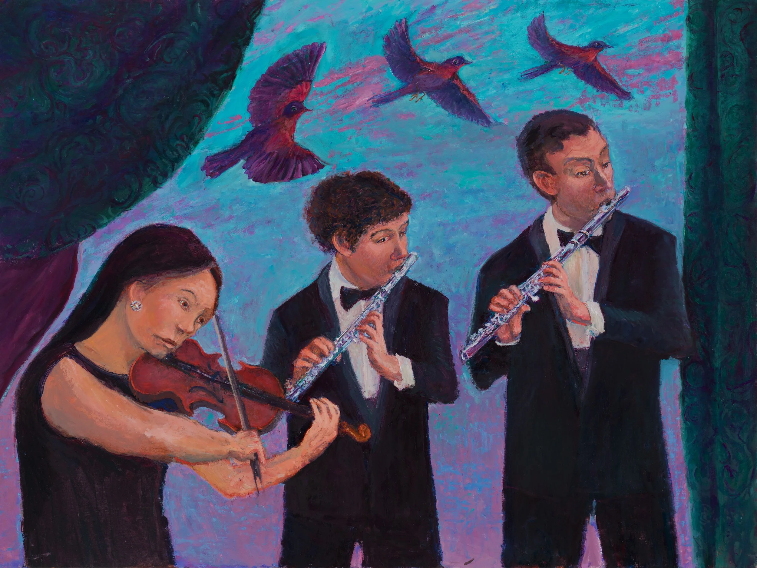 WHEN WE PLAYED TOGETHER   
Oil on Linen · 30" × 40" · 2026 
   
The death of someone dear by suicide is an excruciating memory.  
Tom was an esteemed musician, colleague and beloved friend. 
Meanwhile, my husband's career as an active performer was c