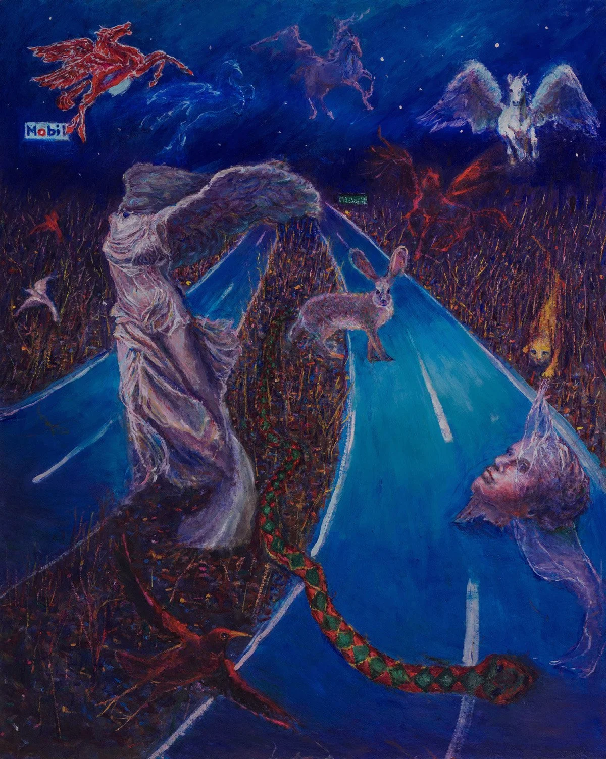 NIGHT RIDE FROM NEW ORLEANS TO EL PASO  Oil on Canvas · 30" × 24" · 2025 This is what happens in the flat brush and desert in West Texas in the middle of the night when you have been on the road for many, many hours.