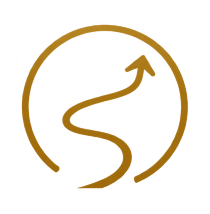 A logo with a stylized upward-curving arrow inside a circle, partially over a red corner.