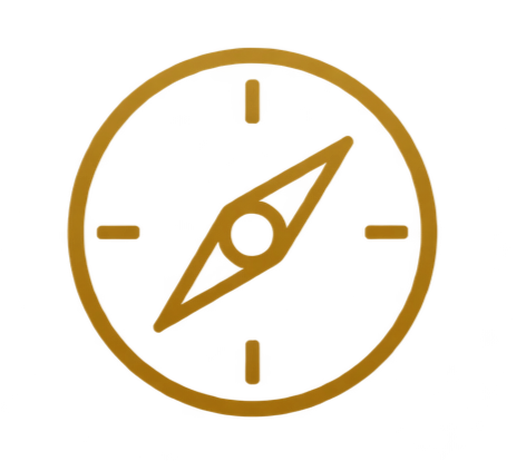 Illustration of a compass with a gold frame and red background, showing directional details.