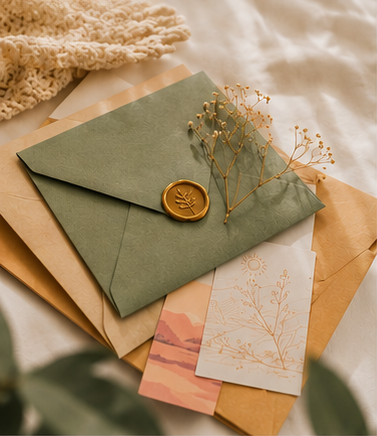 A green envelope with a wax seal, surrounded by various colored envelopes and decorative paper with botanical prints, all on a bed or fabric surface.