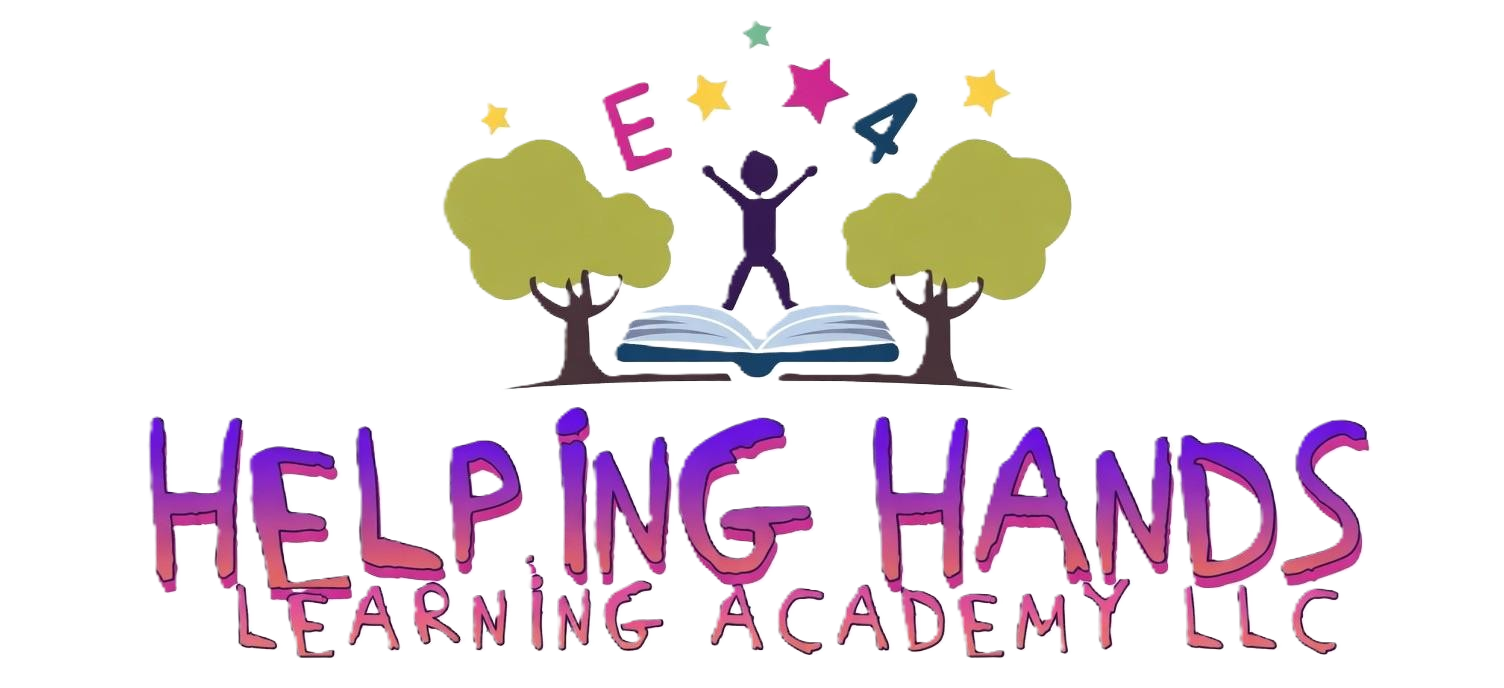 Logo of Helping Hands Learning Academy LLC featuring an open book with a child standing on top, surrounded by two trees, and colorful letters spelling out the name of the academy.