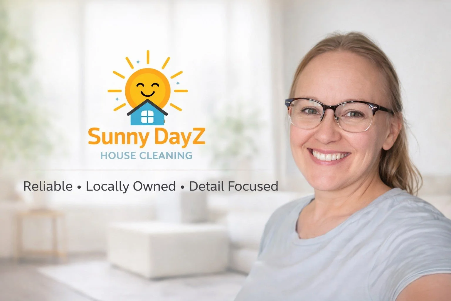 A woman with glasses smiling in a bright kitchen with a logo for Sunny Dayz House Cleaning, featuring a cheerful sun and house, along with the text 'Reliable, Locally Owned, Detail Focused'.