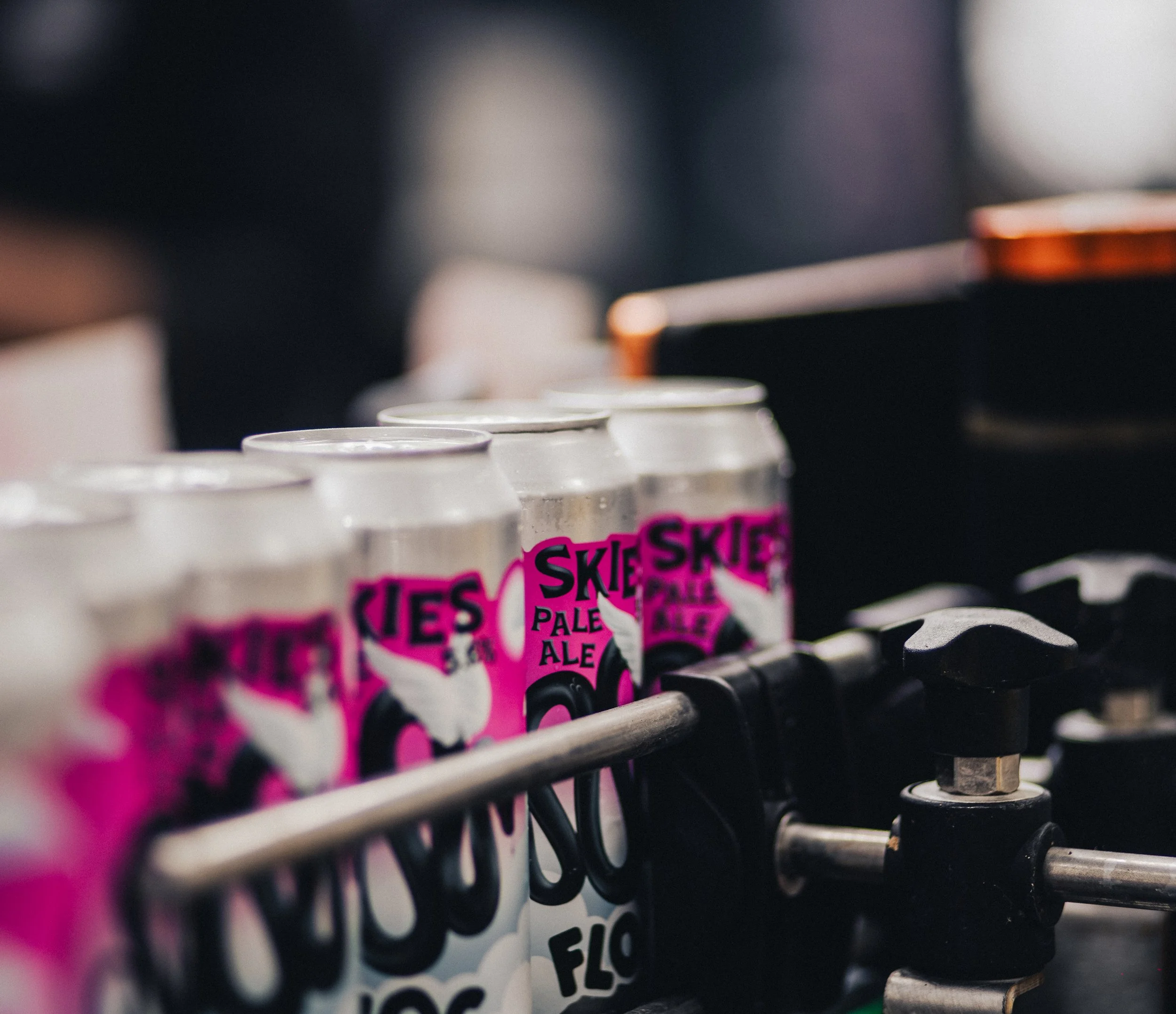 Cans of Skies Pale Ale beer in a metal holder.