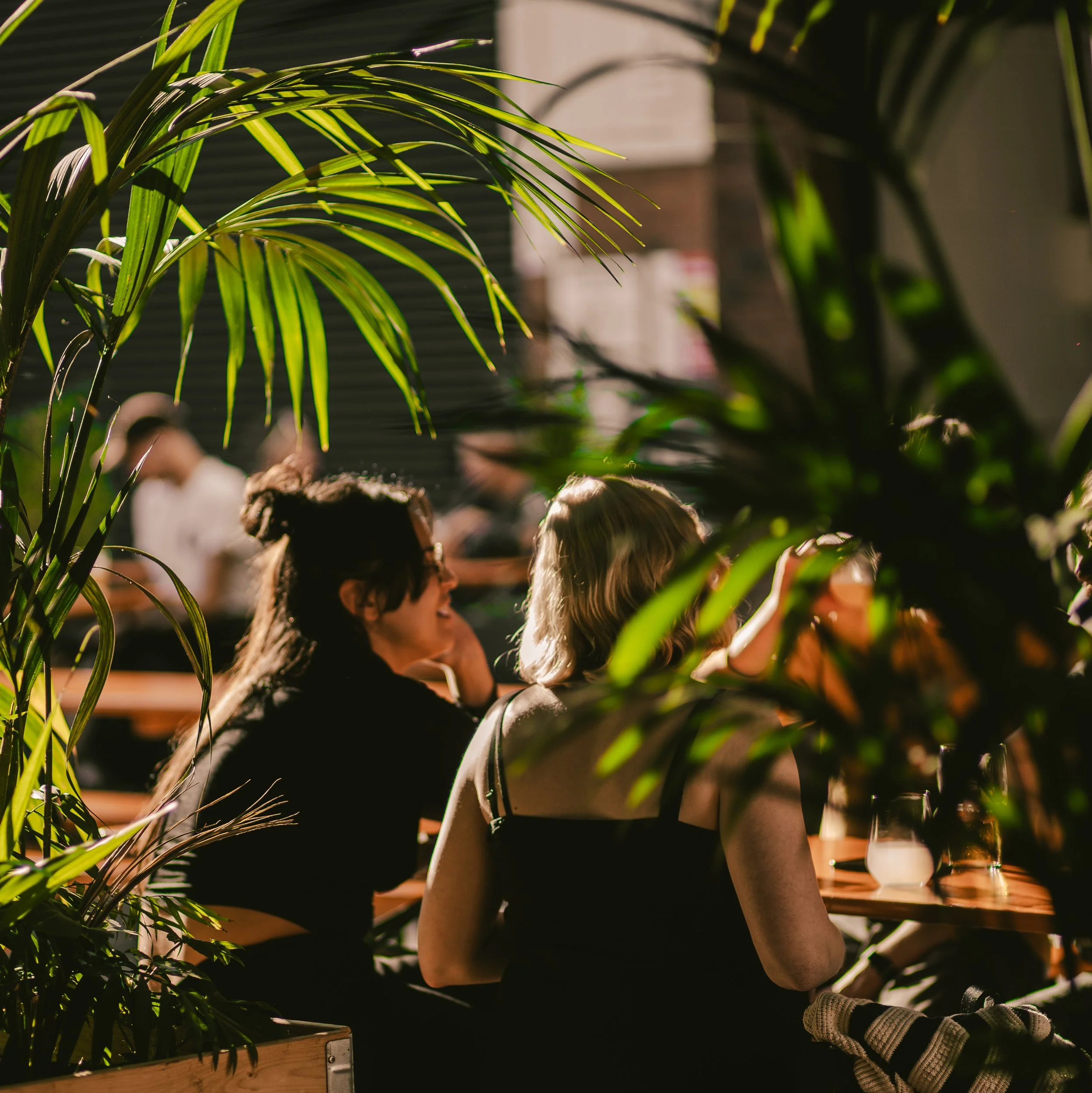 People sitting at tables in a restaurant or cafe, partly obscured by lush green tropical plants, with blurred background.