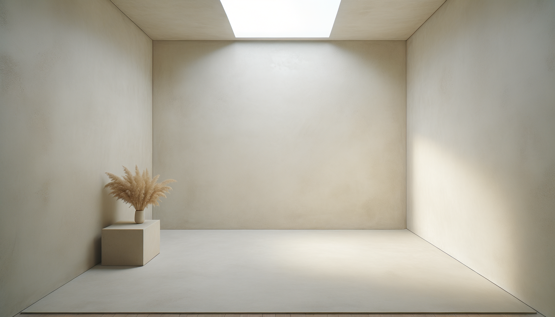 A minimalist room with beige walls and ceiling, with natural light coming from a skylight, featuring a small beige pedestal with a beige vase holding beige pampas grass.