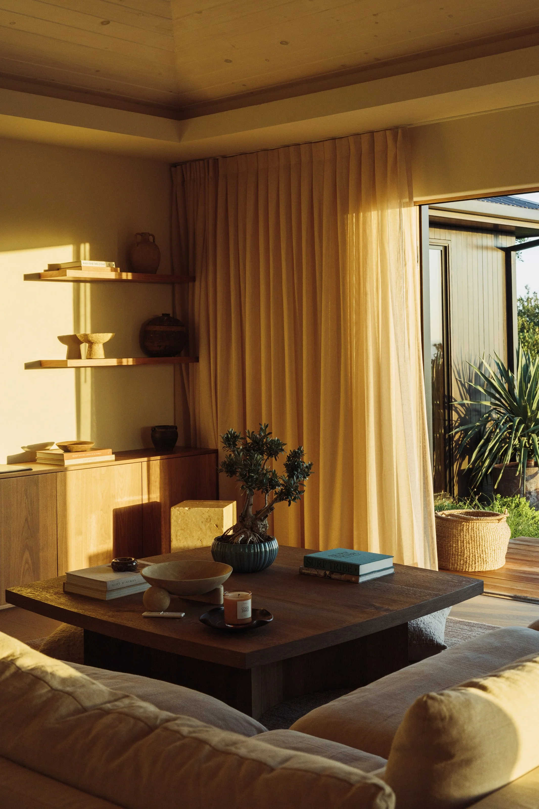 Living room with warm natural finishes