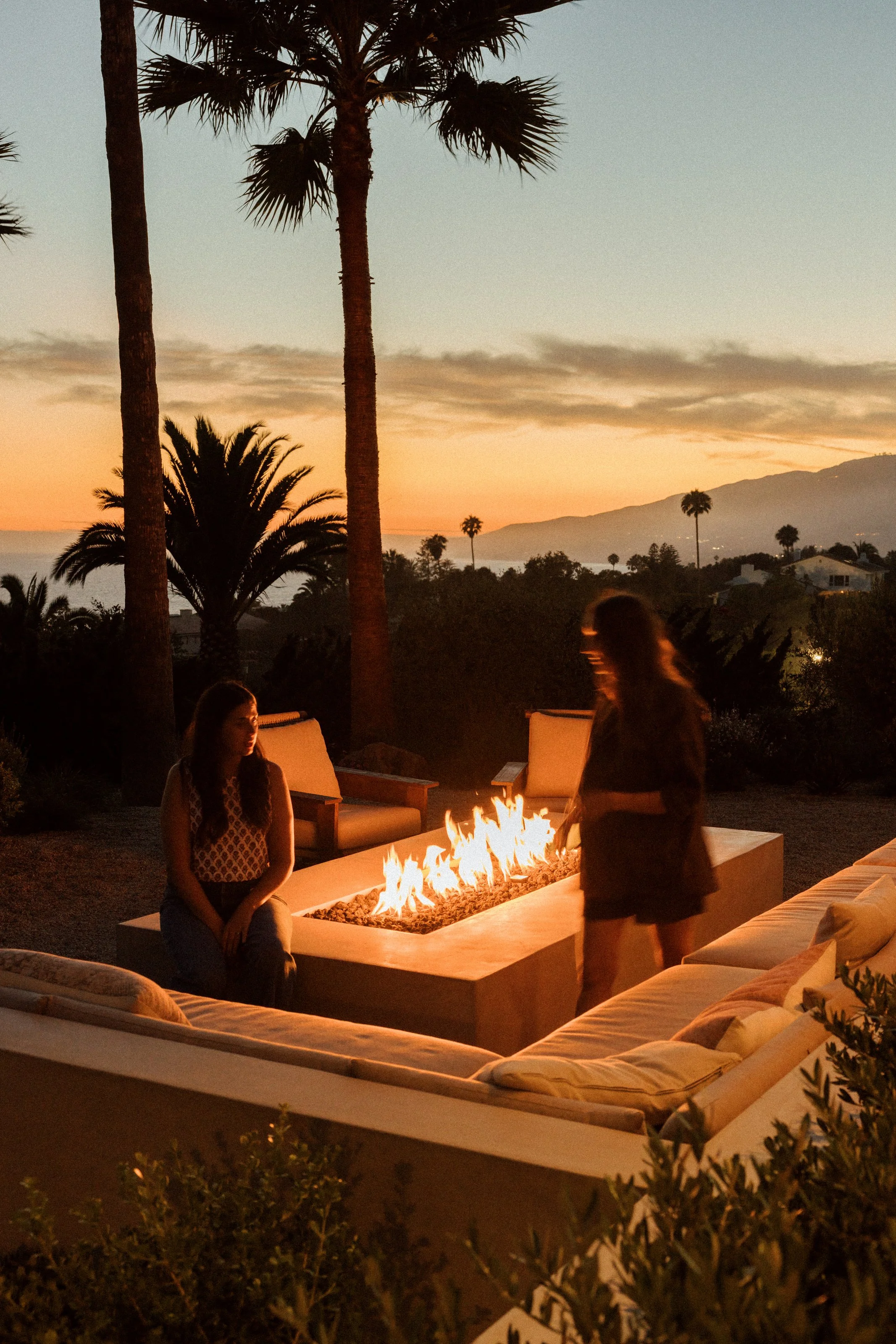 Sunken firepit lounge at sunset