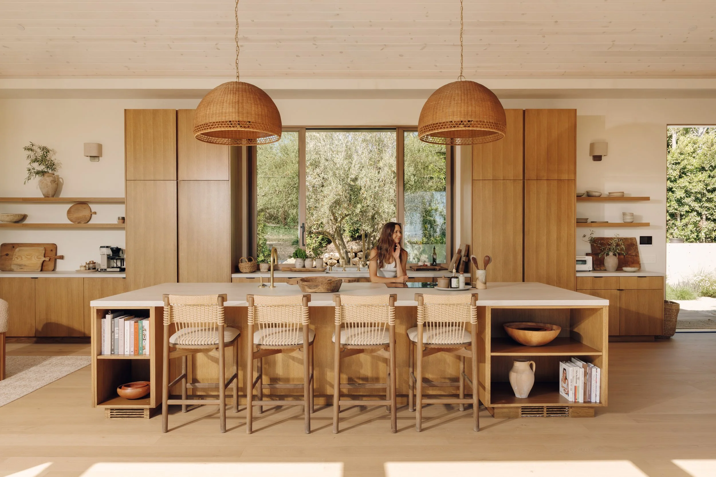 Kitchen island and woven pendant lighting