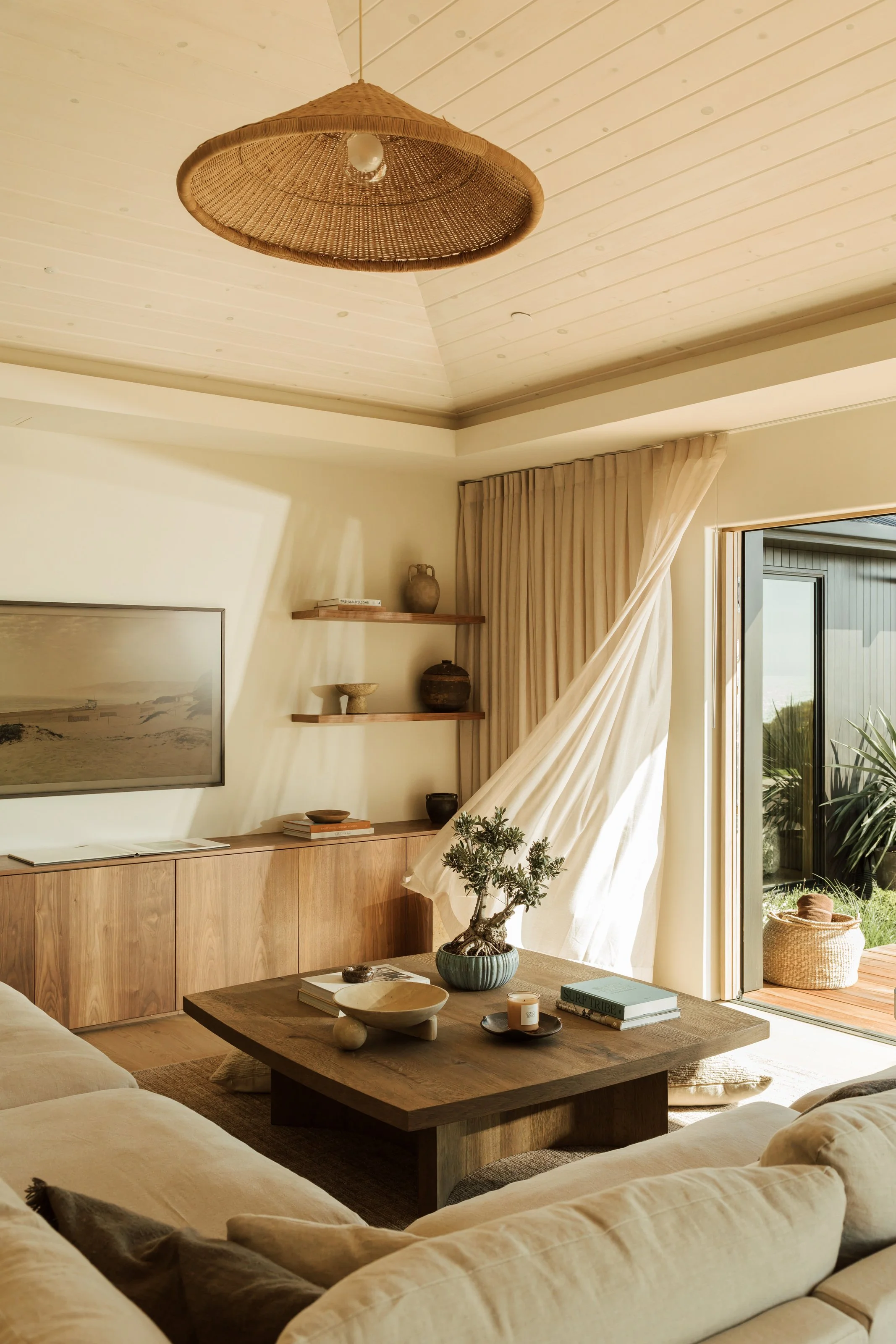 Full family room with wood ceiling