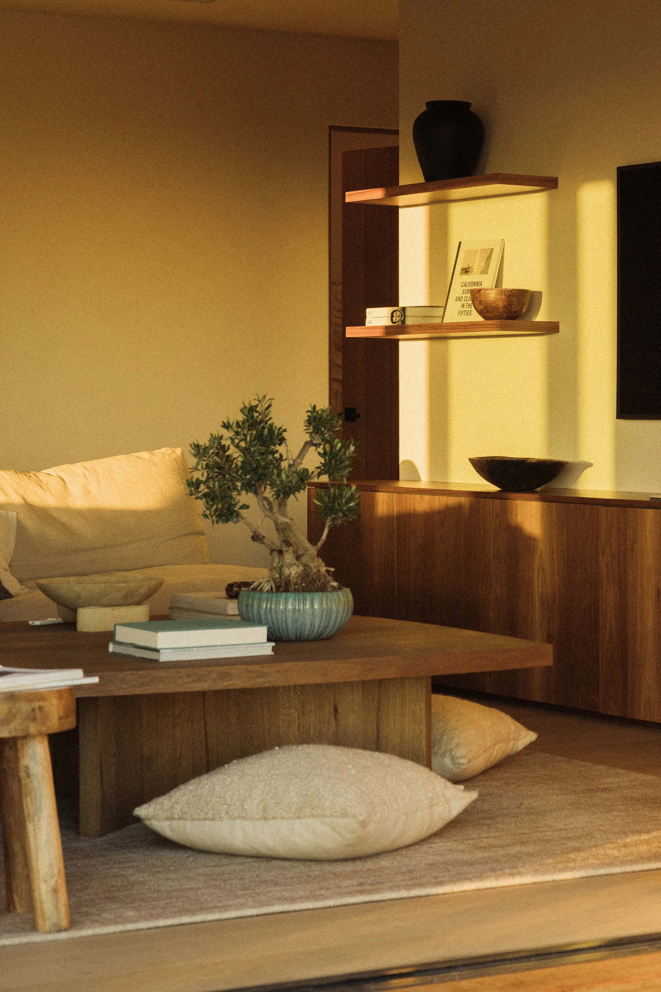 Living room seating in warm afternoon light