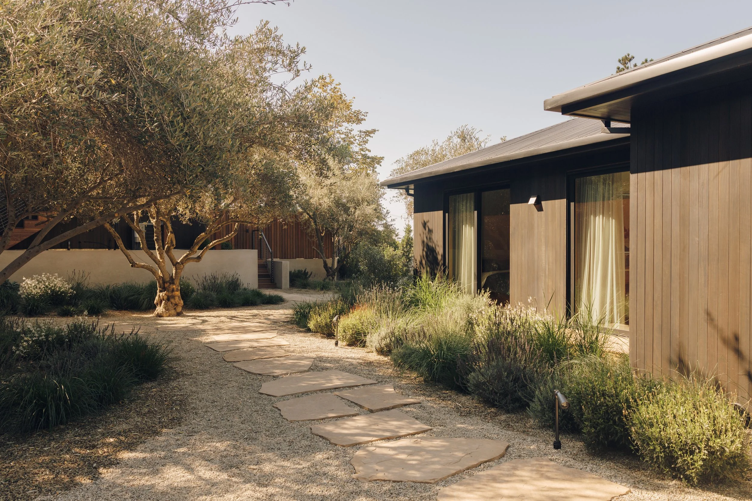 Wide side garden and stone walkway