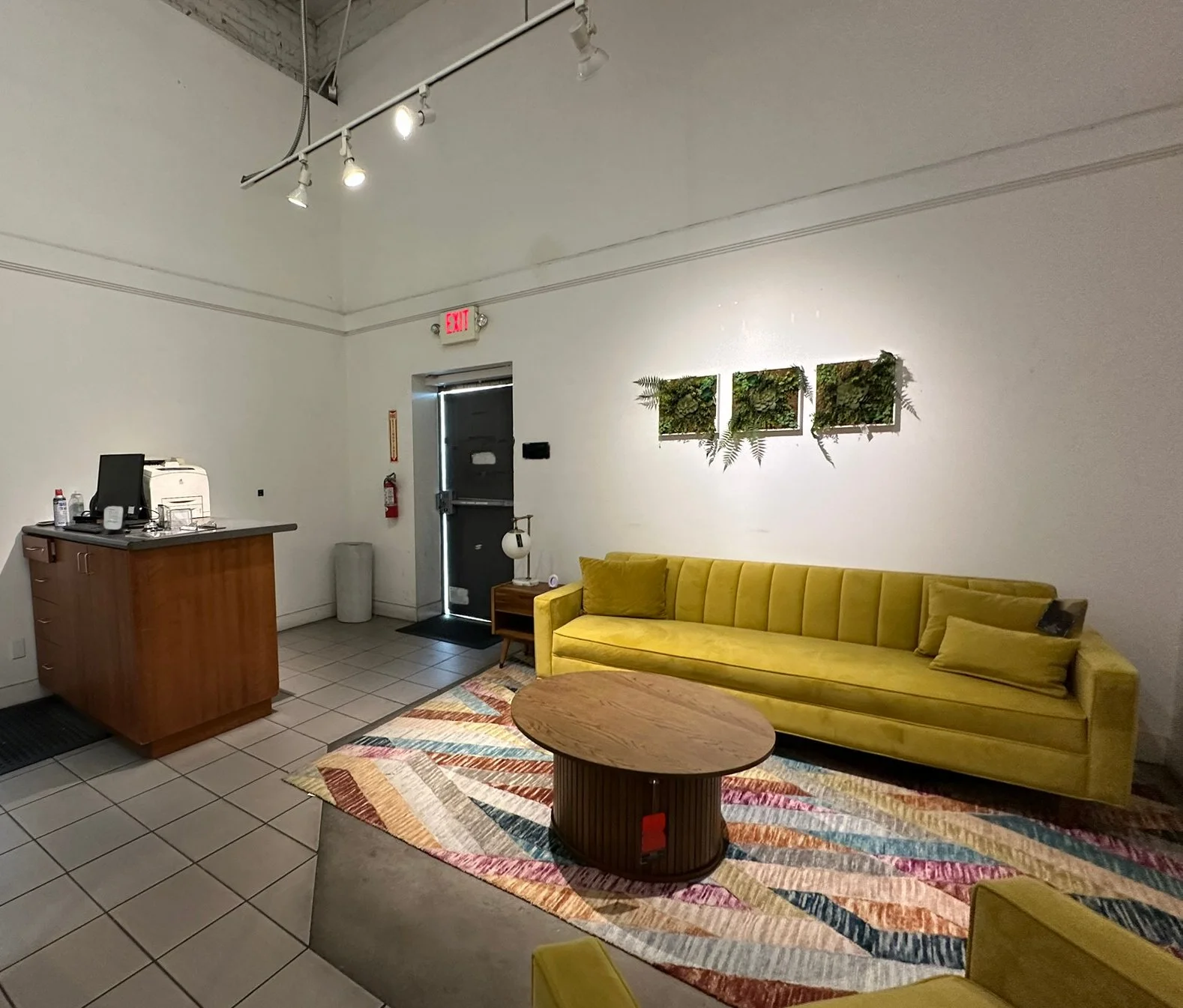 High-walled interior with track lighting. Earlier furnished condition shown; the space will be provided empty and unfurnished.
