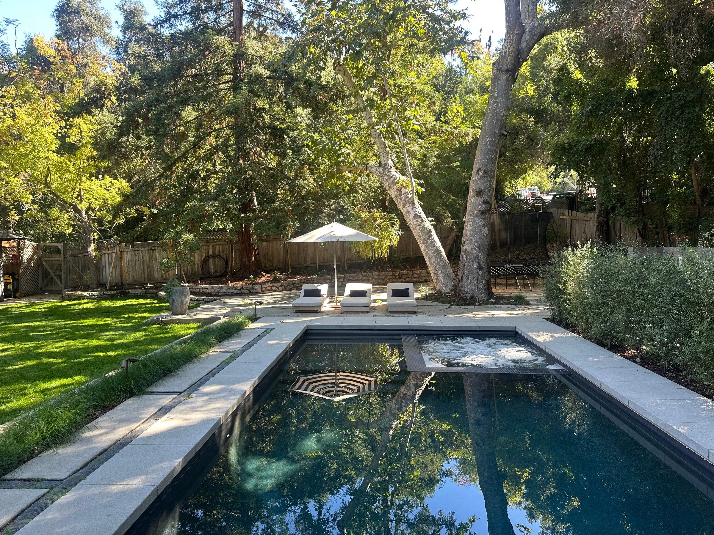 Pool looking toward loungers and mature trees. | PL-3803