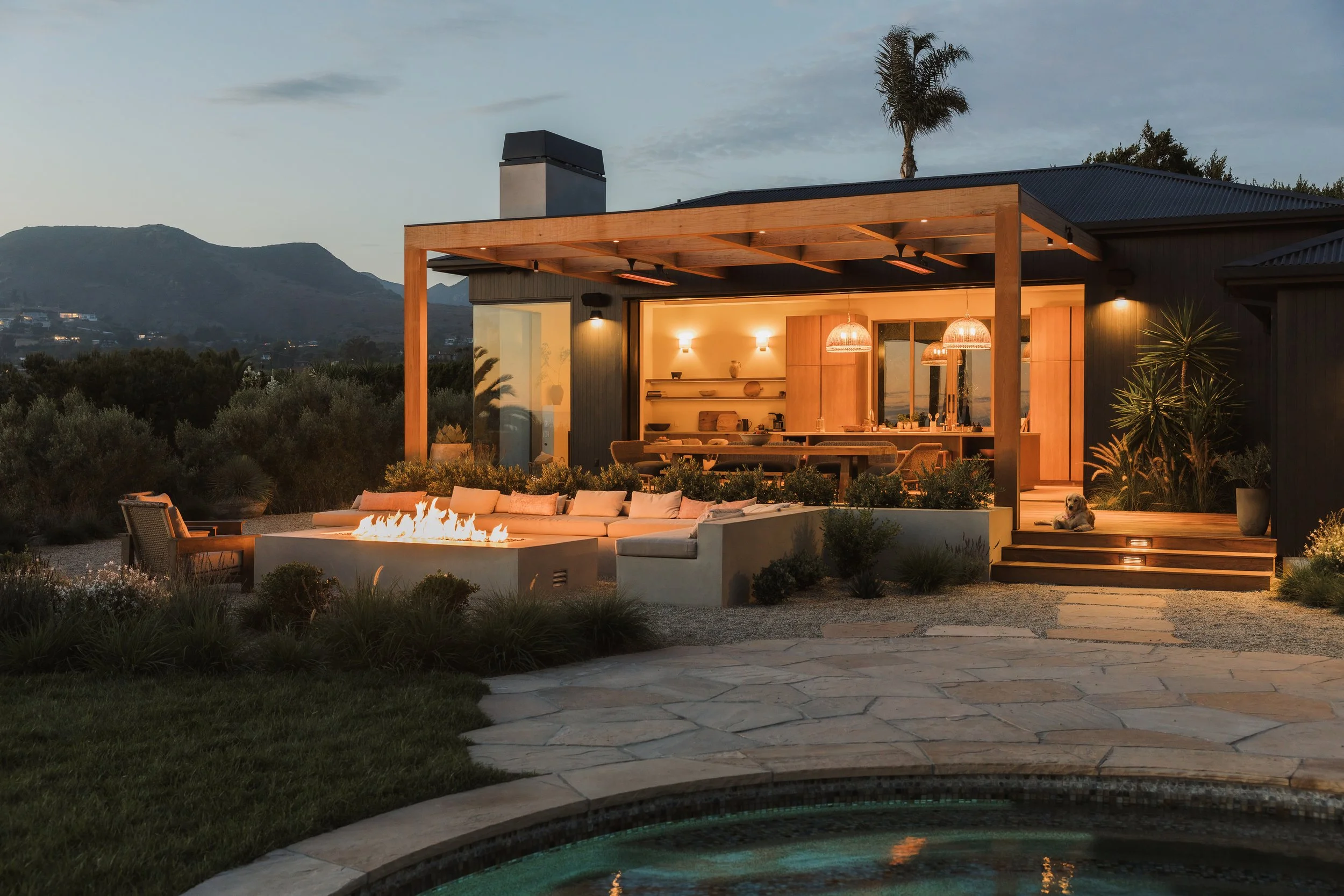 Outdoor living terrace at dusk