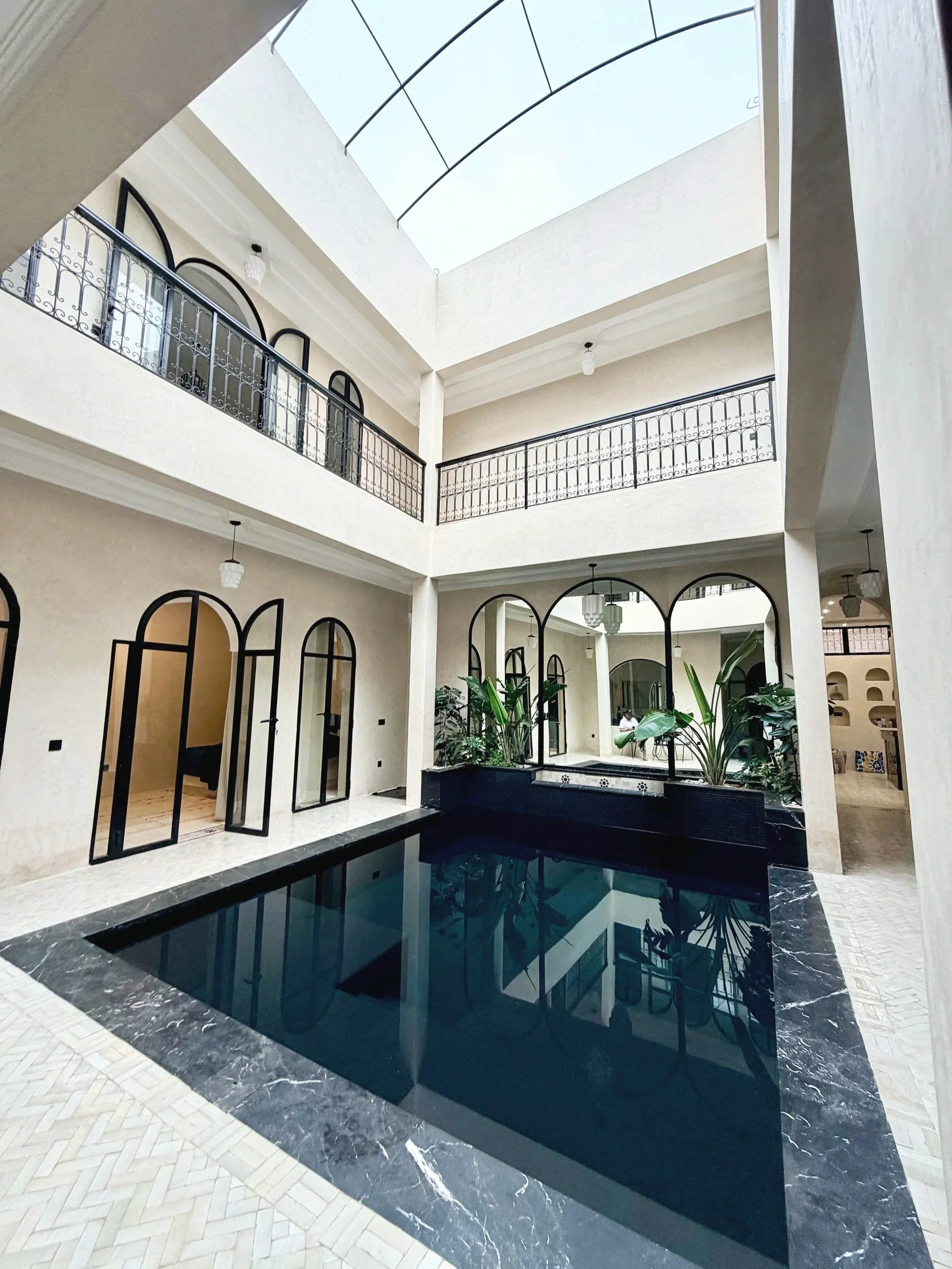 Interior view of a modern house atrium with black marble pool, green plants, arched doorways, white walls, and upper balcony with black metal railing, natural light from open skylight.