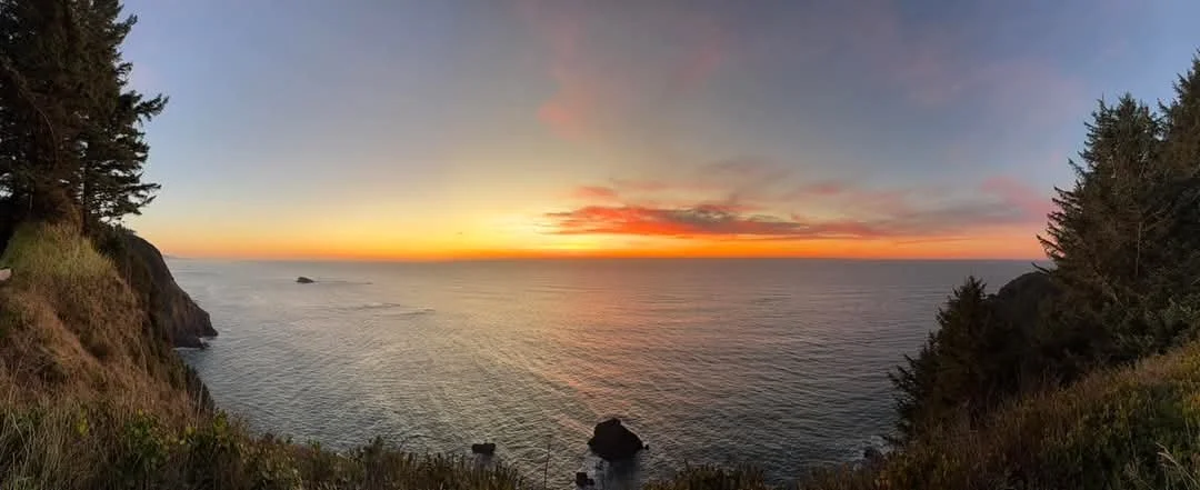 Sunset over the ocean viewed from a cliff with trees on both sides and rocks in the water.