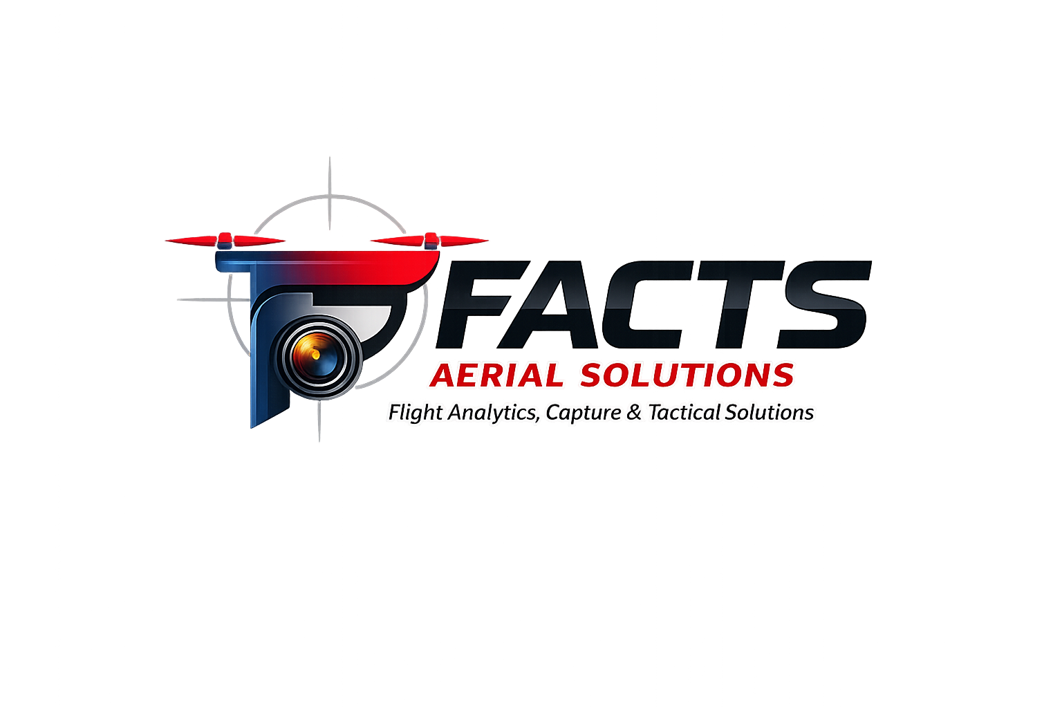 Logo for Fact Aerial Solutions with a camera icon, the text 'FACTS' in large letters, 'AERIAL SOLUTIONS' in red, and the tagline 'Flight Analytics, Capture & Tactical Solutions'.