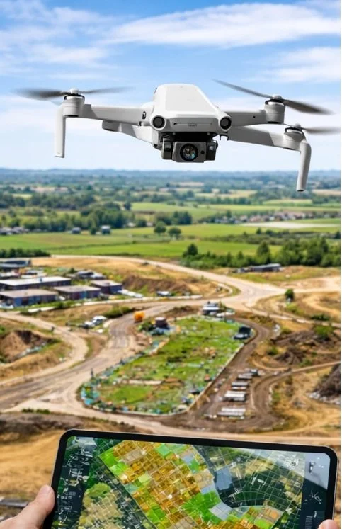 A drone flying over a construction site with a person holding a tablet showing a map and aerial view.