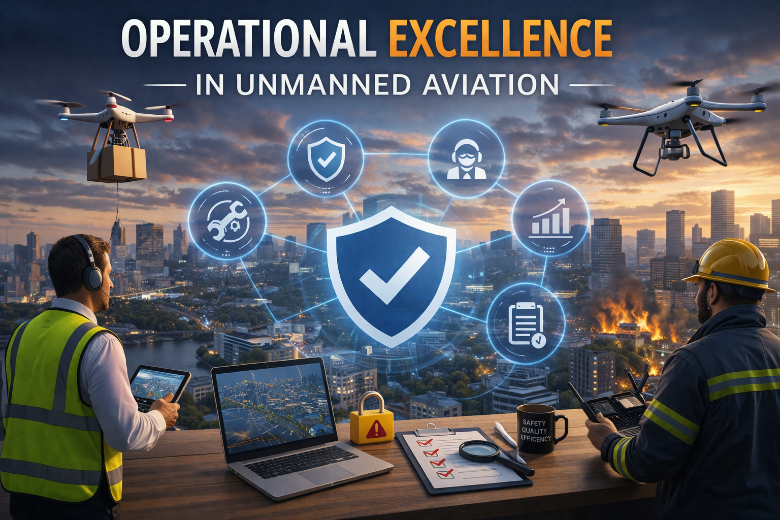 Two drone operators with tablets and headsets monitor unmanned drone flights over a city at sunset. Graphic overlay shows icons representing safety, maintenance, data analysis, and security in unmanned aviation.