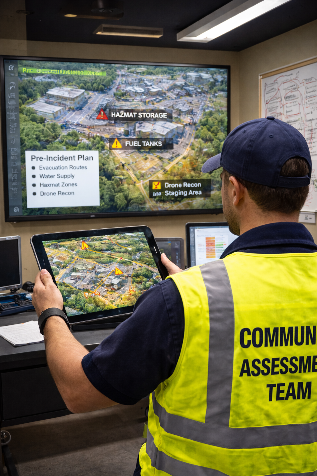 Person wearing a yellow vest with 'Community Assessment Team' written on the back, looking at a tablet displaying a map with marked zones, in front of a large monitor showing the same map with labels for hazard storage, fuel tanks, and drone recon staging area.