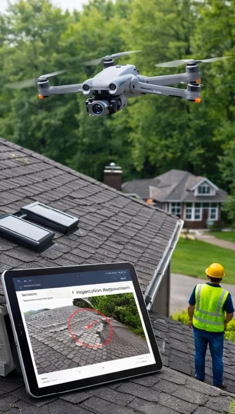 A drone flying above a house roof to inspect shingles, with a person in a yellow safety vest and hard hat standing nearby. A tablet on the roof shows a close-up of the roof with a red circle highlighting an area of damage.
