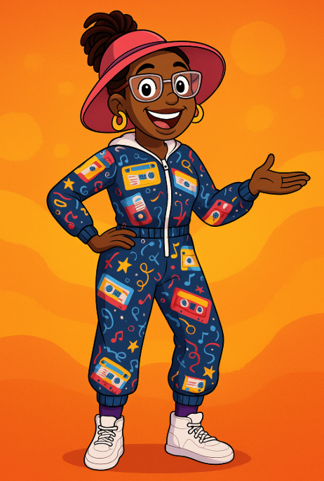 A woman with dark skin, glasses, and a smiling expression, wearing a pink wide-brimmed hat, gold hoop earrings, a blue jumpsuit decorated with colorful cassette tapes, stars, and musical notes, and white sneakers, standing against an orange background with a sun.