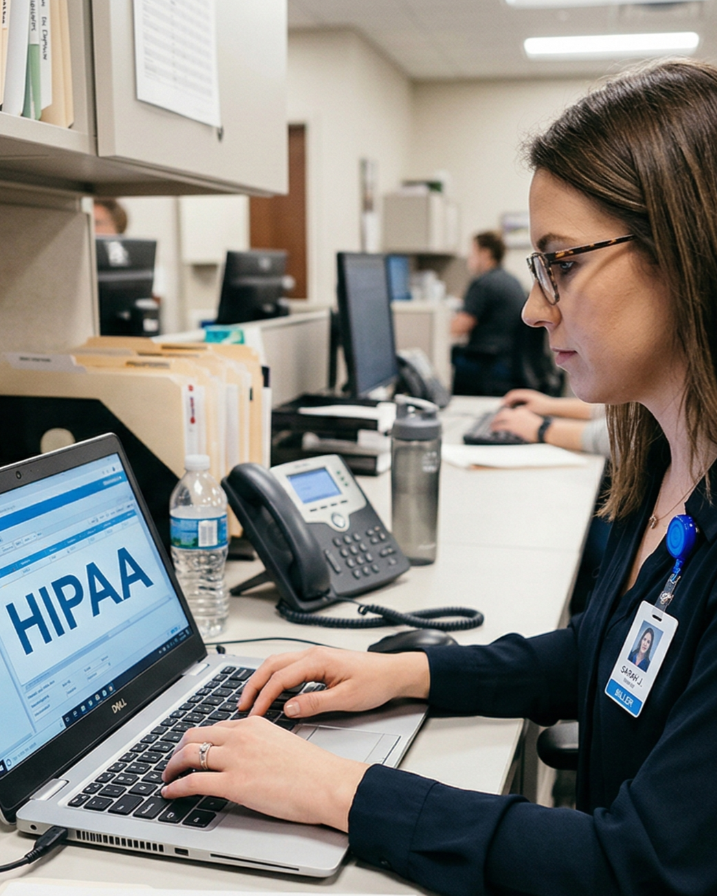A woman wearing glasses and a Hawaii HIPAA training on her laptop in a busy office setting with other employees working in the background.