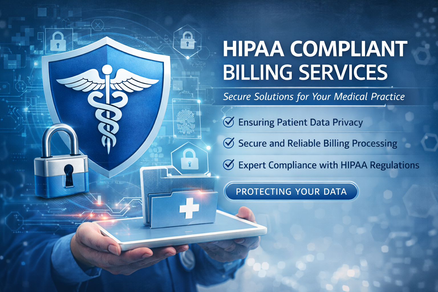 An advertisement promoting HIPAA compliant billing services for medical practices, featuring a digital shield with a caduceus symbol, a lock, a folder with a medical cross, and a hand holding a tablet with digital effects.