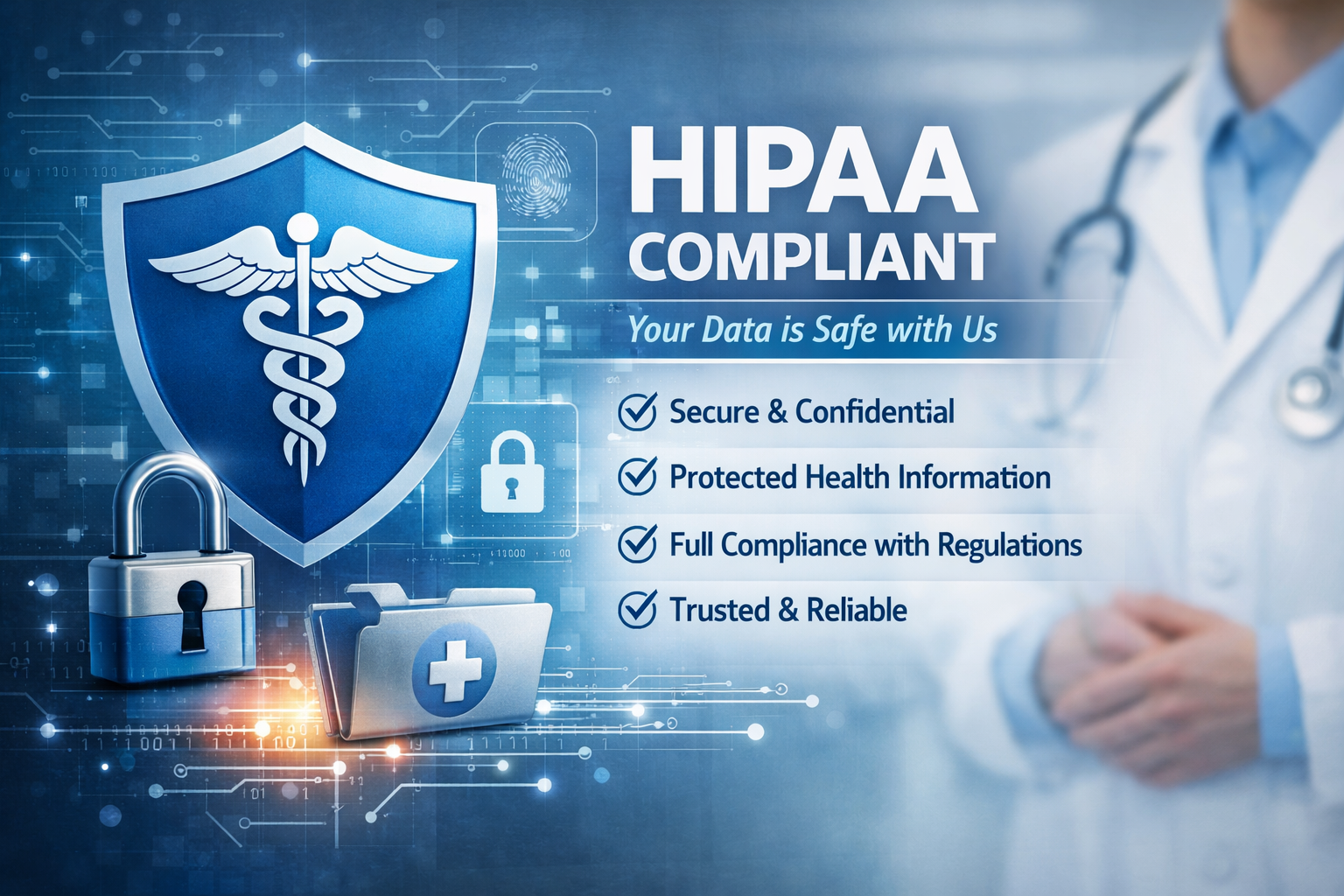 A digital illustration promoting HIPAA compliance with security symbols, a doctor, and a list of data protection benefits.