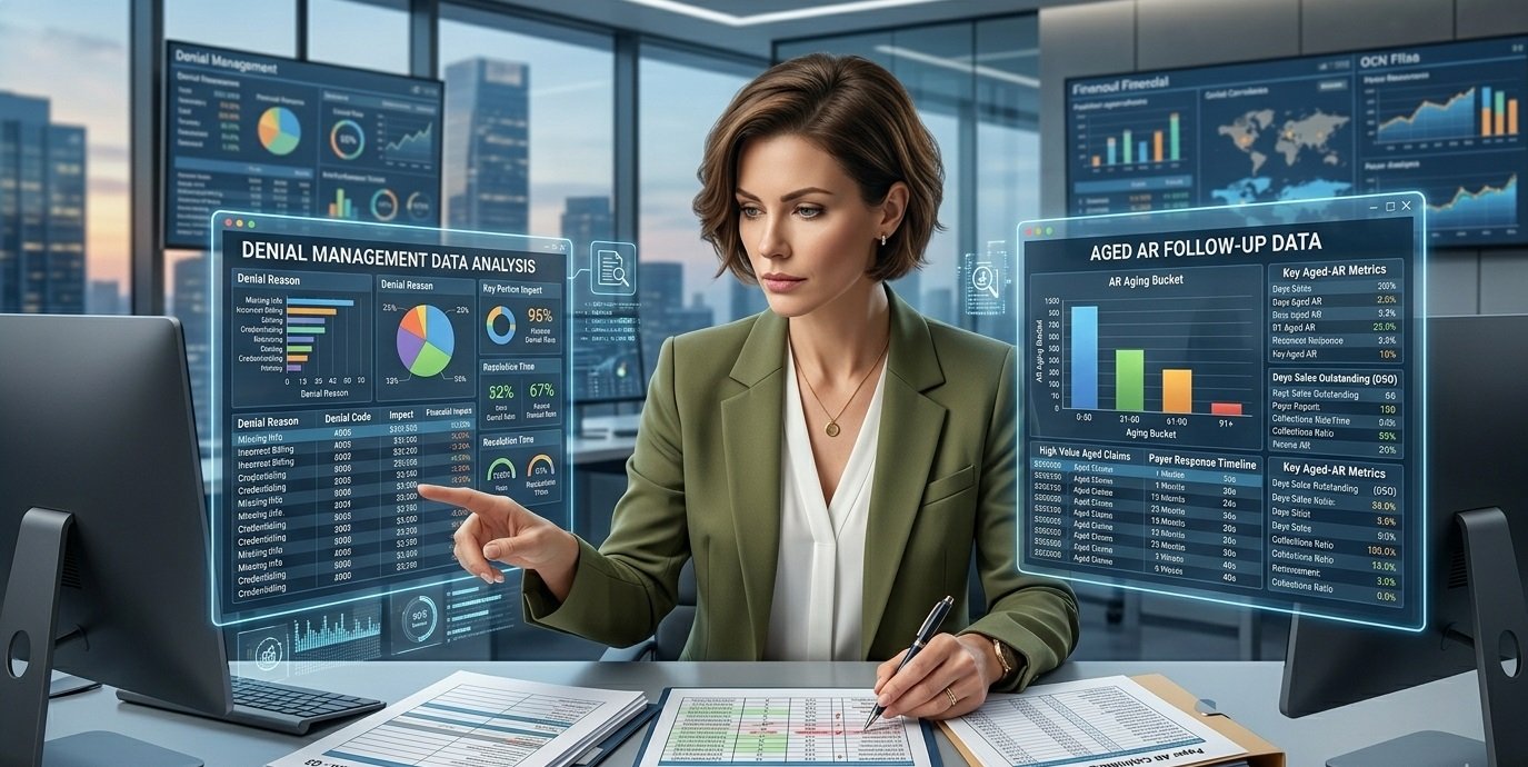 A woman in business attire analyzes financial data and charts displayed on transparent digital screens in an office setting with large windows overlooking a city skyline.