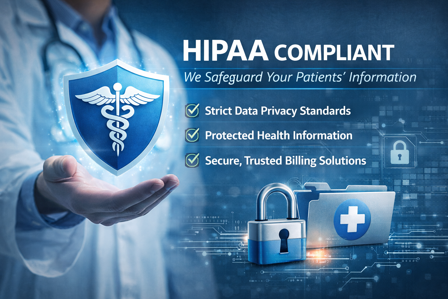 A healthcare professional in a white coat holding a holographic shield with a caduceus symbol, representing HIPAA compliance. The image emphasizes data privacy with checkmarks next to standards for strict data privacy, protected health information, and secure billing solutions. Additionally, there are digital lock icons and a folder with a medical cross, symbolizing secure health information management.