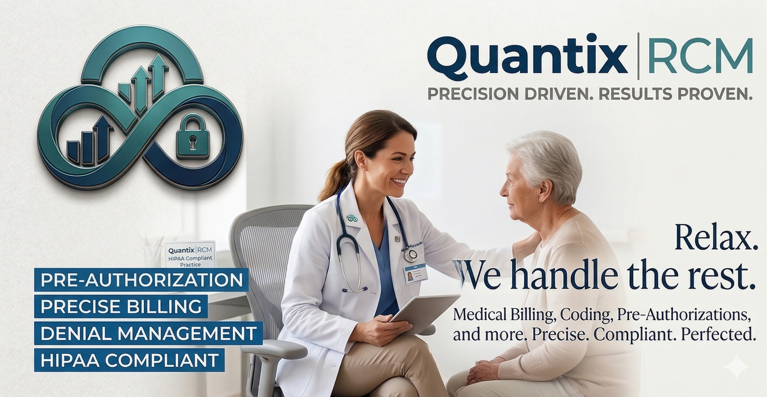 A healthcare professional and an elderly patient sitting and smiling in a medical office, with a wall graphic of interconnected arrows and a lock symbol behind them, and text promoting Quantix RCM medical billing services.