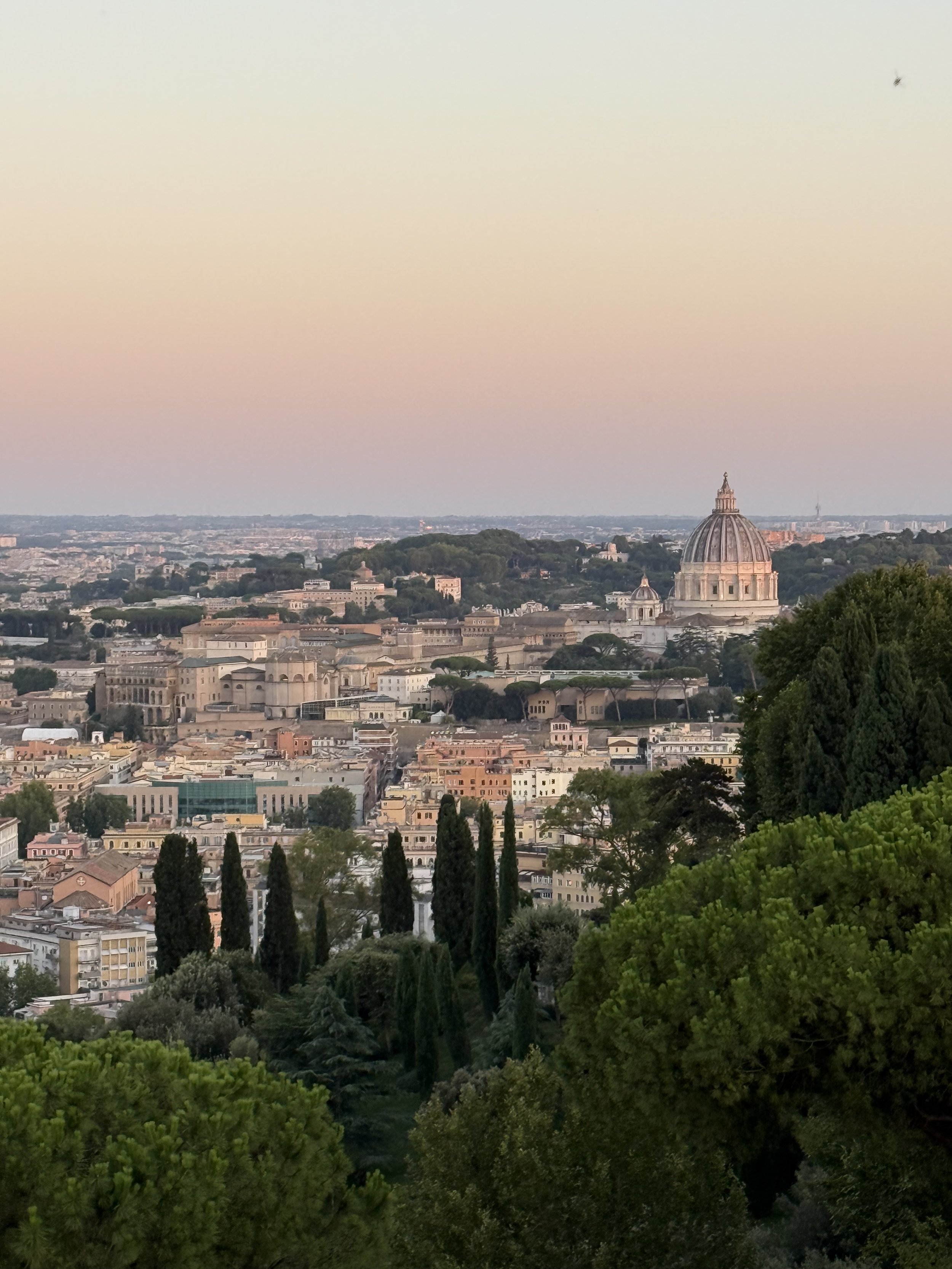 Cityscape of Rome, Italy, with St. Peter's Basilica featured in the background, surrounded by lush trees and historic buildings, during sunset.