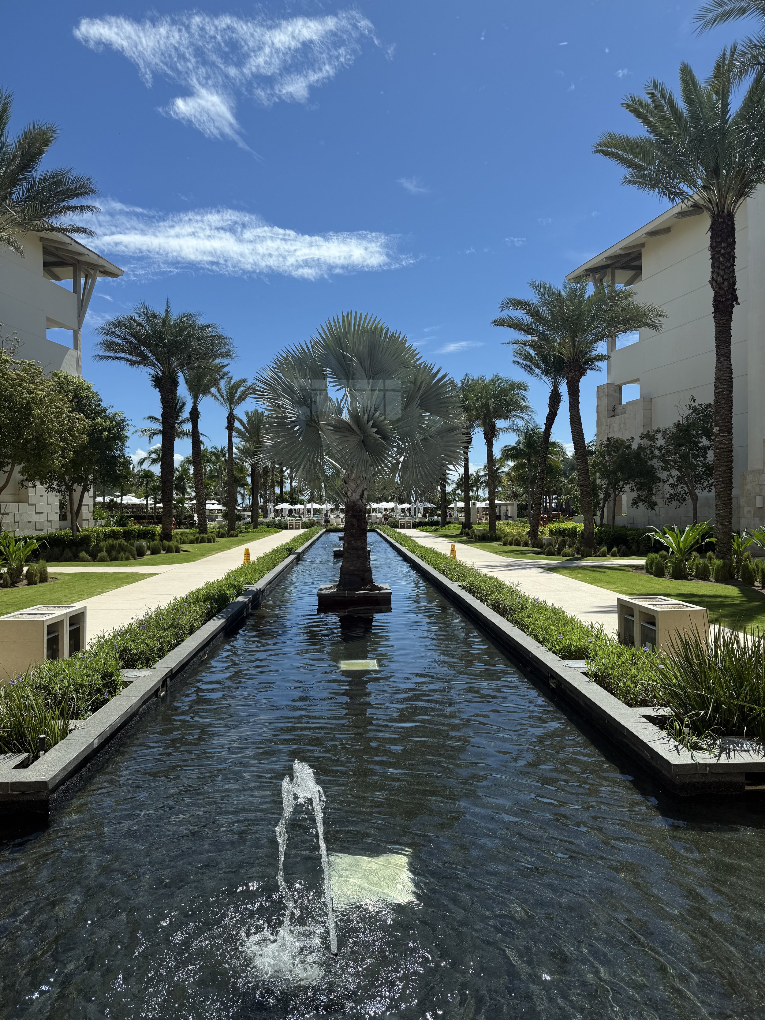 A luxurious outdoor resort landscape with a central water feature, a palm tree, green grass, and modern buildings under a blue sky with clouds.