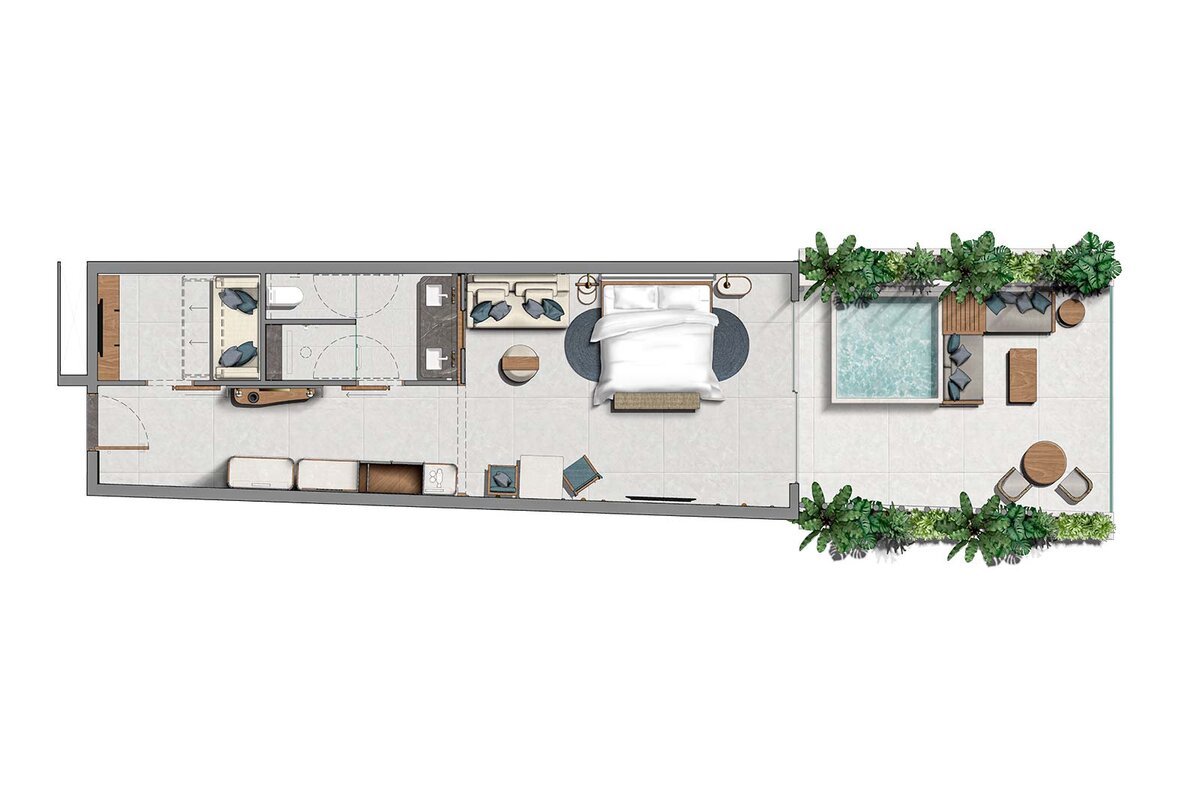 Floor plan of a modern, narrow apartment with a bedroom, bathroom, small living area, and outdoor patio with a small pool and seating.
