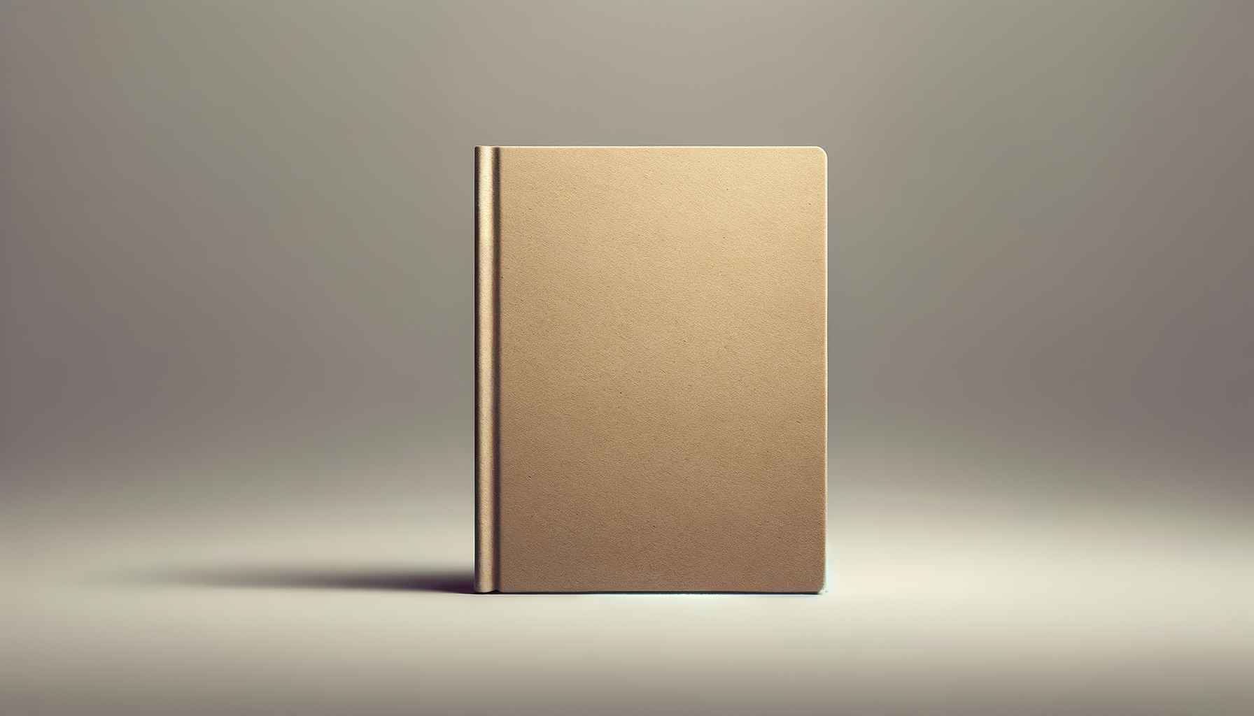 A closed, plain beige hardcover book standing upright on a neutral background.