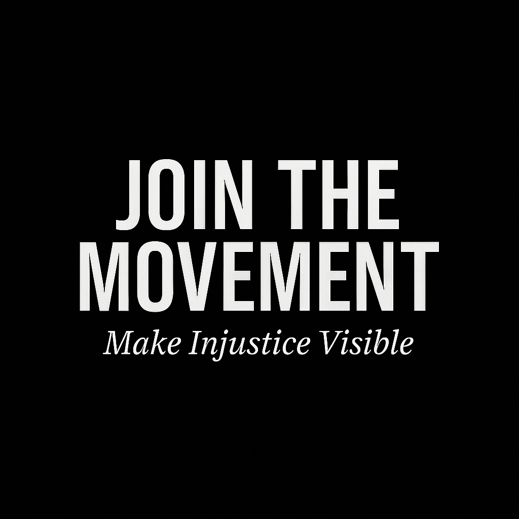 Black background with white text reading 'Join the Movement, Make Injustice Visible'.