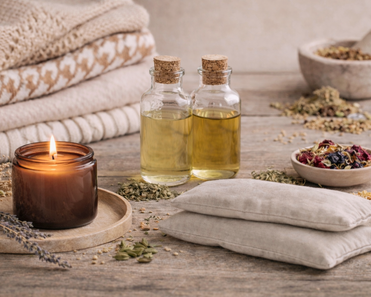 Spa setup with two glass bottles of oil, a lit candle, folded towels, and bowls of dried herbs and flowers on a wooden surface.