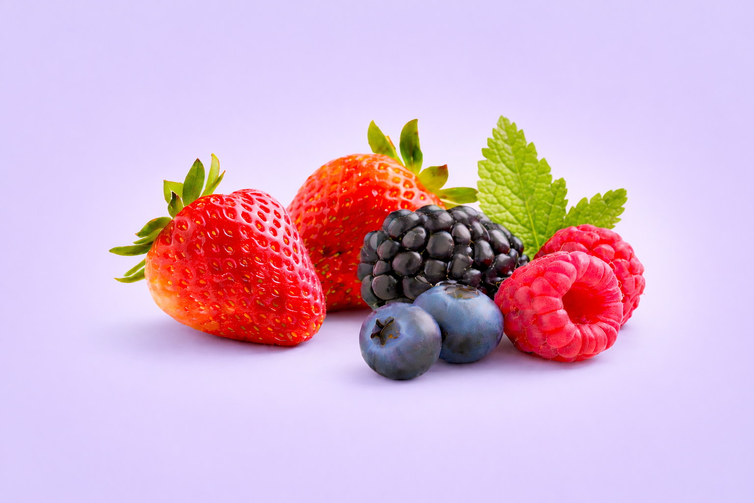 Fresh strawberries, blackberries, blueberries, raspberries, and green mint leaves on a light purple background.