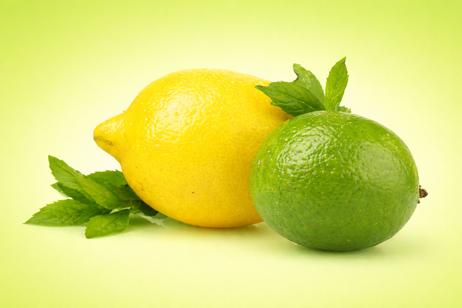 A yellow lemon, a green lime, and green mint leaves on a pale yellow background.